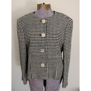 Vtg Ralph Lauren Women's Houndstooth Blazer Jacket Linen Silk Navy Ivory 10/12